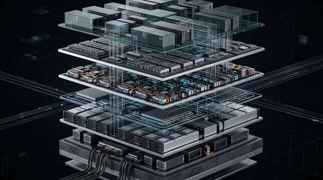 Isometric 3D render of stacked server hardware and microprocessors showing complex data center technology infrastructure and microchip circuitry