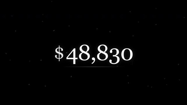 Digital counter rapidly ticking up US dollar amounts on black background.