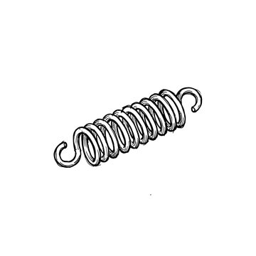 Metal extension spring with end hooks in black and white sketch style.