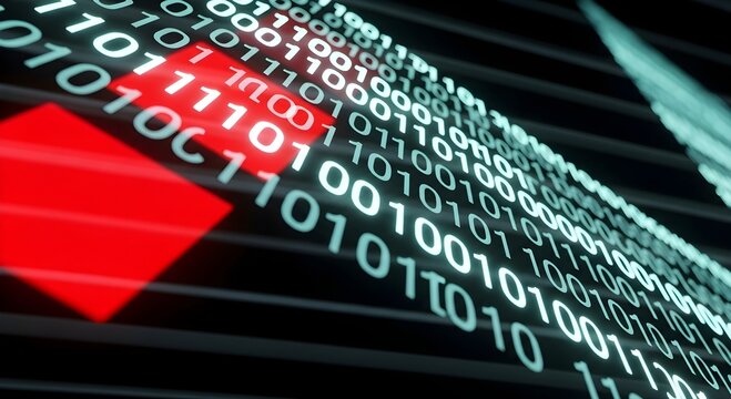 Cyber Security Data Breach with glowing red and white binary code digits on dark digital screen ideal for cybersecurity presentations and perfect for technology blog headers.