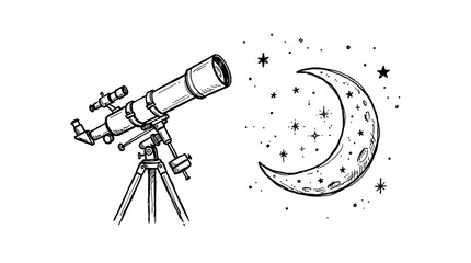 Telescope observing crescent moon with starry night sky sketch illustration for astronomy education design. © Saadii