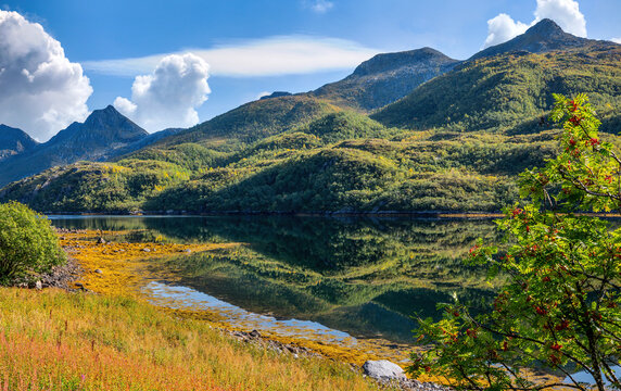 Scenic autumn landscape at Olderfjord with  mountain reflections in the Lofoten Islands, Norway