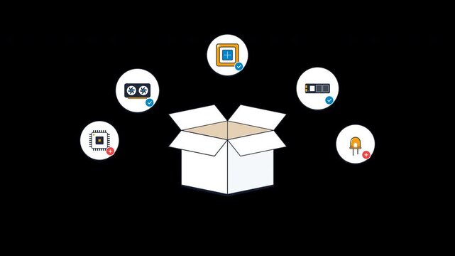 Seamless looping motion graphic animation of a clean first person 3D delivery box opening and closing with floating computer hardware components including CPU processor, graphics card, SSD drive.