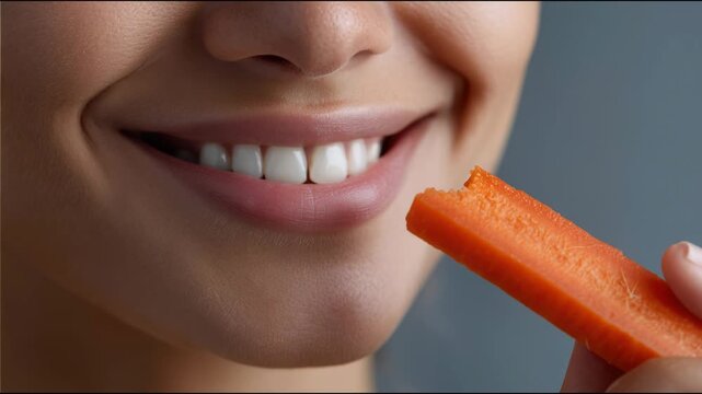 Close-up of a woman's mouth with white teeth biting a fresh raw carrot for a healthy snack
