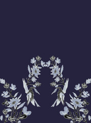 Luxury navy blue ethnic ornament border pattern with crane bird and floral motif © Urpattern