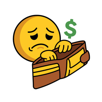 Sad emoji looking into empty wallet representing financial broke crisis