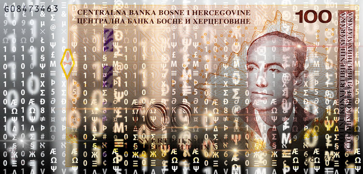 Bosnian convertible mark banknotes dissolving into binary code as a concept of digital currency transformation and financial cyber crime.
