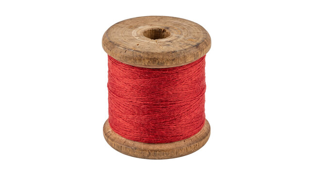 Vintage wooden spool with red sewing thread, antique timber bobbin for embroidery, rustic tailoring and needlework supplies isolated PNG with Transparent Background