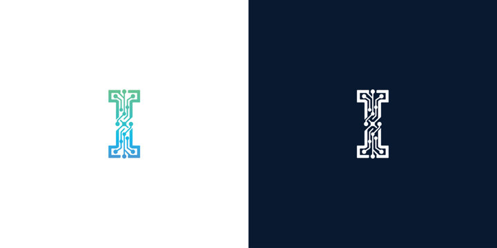 Capital letter I technological logo design vector with abstract circuit board lines and digital pattern