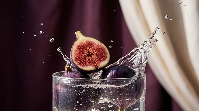 A vibrant still life depicting a fresh fig plunging into sparkling water with dramatic lighting and