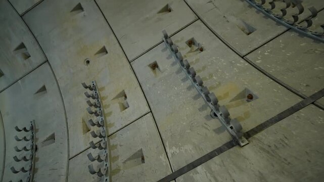 Vaulted tunnel ceiling features interlocking concrete blocks and hooks. Stamped dates on precast segments highlight quality control steps