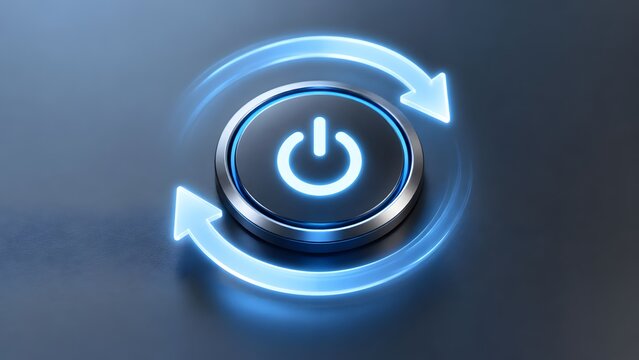 Glowing blue power button surrounded by circular refresh arrows on dark metallic surface representing system reboot restart and energy cycle technology