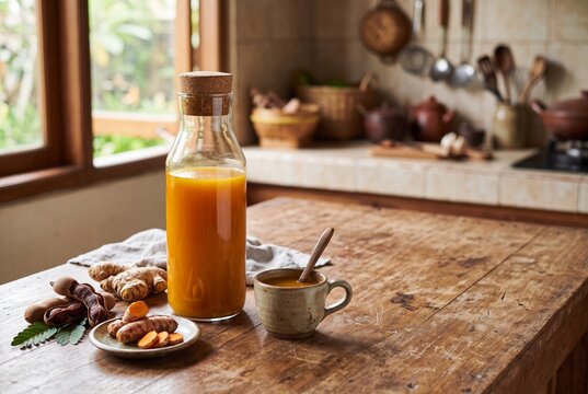 Traditional Indonesian Jamu Herbal Drink with Turmeric, Ginger and Tamarind