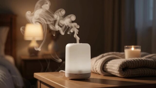 White Ultrasonic Aroma Diffuser Releasing Vapor on Wooden Table in Cozy Bedroom with Warm Lamp Light and Candle.