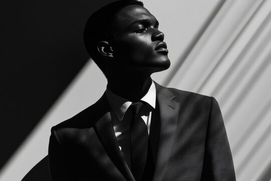 Dramatic black and white portrait of young african male in suit