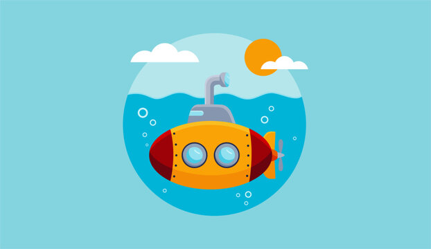 Cute Yellow Submarine Underwater Ocean Scene Circular Vector Illustration