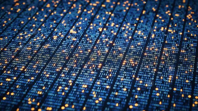Looped 3D animation of binary numbers flowing across a digital surface with glowing blue and orange lights. Abstract background for big data, AI, coding and cyber technology.