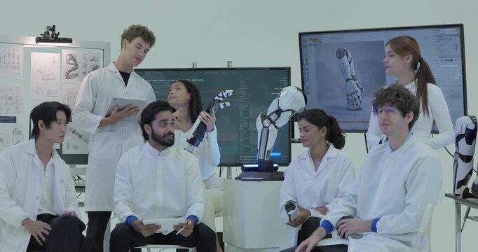 An engineer raises the robotic forearm above the seated circle to show the elbow joint, with the CAD render of the arm displayed on the laboratory screen behind.