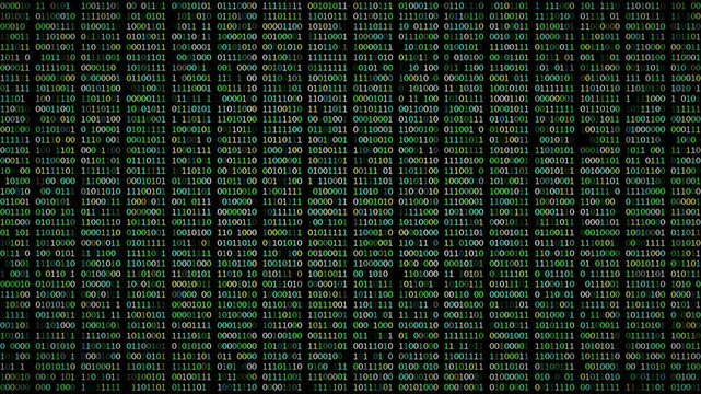 Looped 3D animation of colorful binary numbers glowing in green, cyan and yellow on a dark screen. Abstract digital background for coding, networks, big data, AI and cybersecurity.