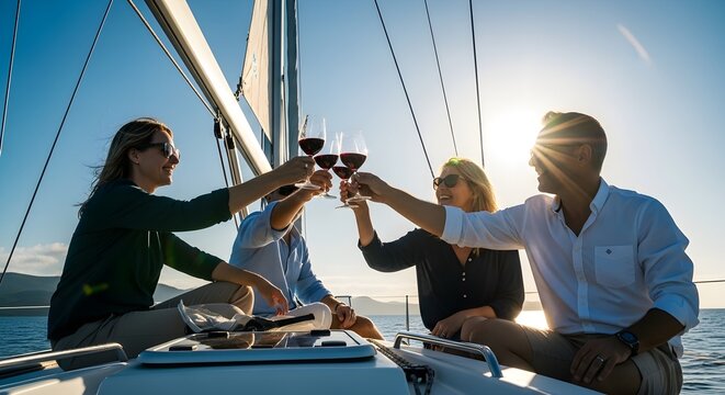 Luxury Yacht Celebration with friends toasting red wine glasses on a sailboat deck during golden hour sunset, ideal for luxury travel brochures and lifestyle marketing.