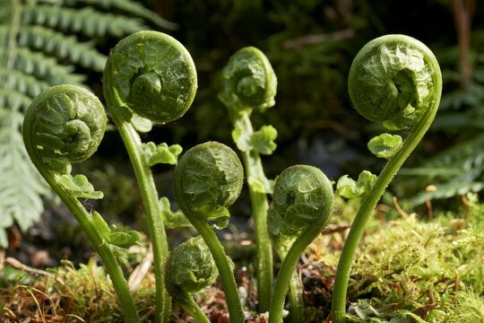 Young fern fiddleheads unfurling in forest showing fresh natural detail