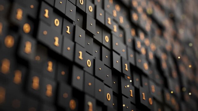 Seamless futuristic 3D animation of illuminated binary code on a fragmented cube surface, symbolizing algorithms, databases, encryption and digital communication.
