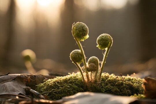 Alternate view of young fern fiddleheads unfurling in forest in soft botanical light