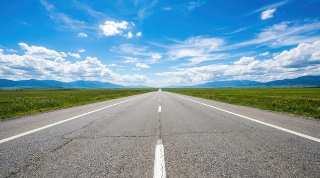 Vibrant blue sky with fluffy clouds above an empty road stretching into the distance