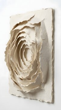 Paper art sculpture crafted from layered torn pages forms a dimensional circular pattern.