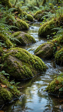 Vibrant Moss Covering Rocks in a Stream Surrounded by Lush Vegetation and Soft Water Reflections, Capturing the Essence of Nature's Beauty and Serenity