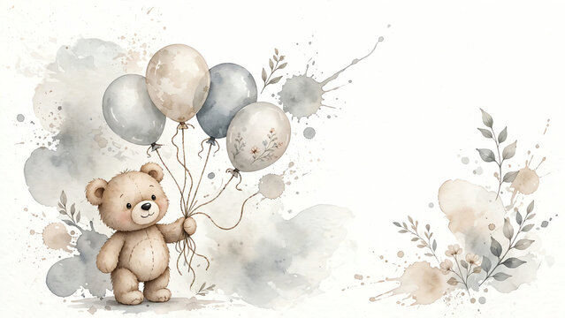 Adorable Teddy Bear with Balloons in a Playful Asymmetrical Watercolor Design, Set Against a Serene Background with Delicate Hues of Gray and Beige