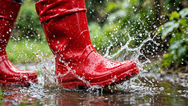 Close-up of shiny red rain boots splashing through a puddle, droplets flying in all directions, with a blurred greenery backdrop creating a cheerful, lively atmosphere