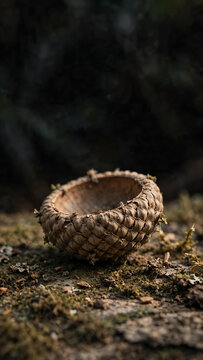 A solitary dry acorn cupule resting on a textured surface, illuminated softly to highlight its unique shape and rustic charm, surrounded by a blurred dark backdrop