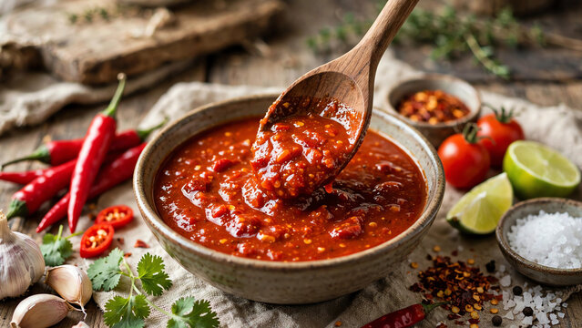 Chili Spice Delight: Close-Up of a Wooden Spoon Dipping into a Bowl of Homemade Red Hot Chili Pepper Sauce Surrounded by Fresh, Colorful Ingredients in a Rustic Kitchen