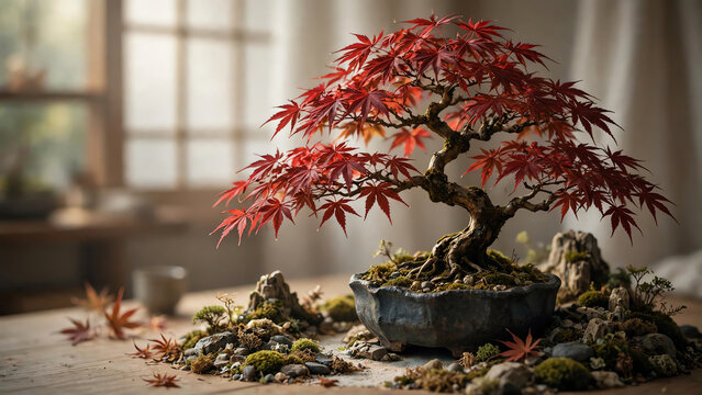 Artistic Representation of a Bonsai Tree with Striking Red Leaves Nestled in a Miniature Landscape, Bathed in Gentle Ambient Light for Serene Indoor Atmosphere