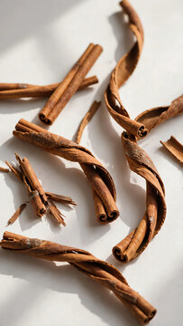 Artistic Display of Cinnamon Sticks on a Clean White Surface, Enhanced by Soft Shadows, Showcasing Their Warm Color and Unique Curves in a Detailed Close-Up