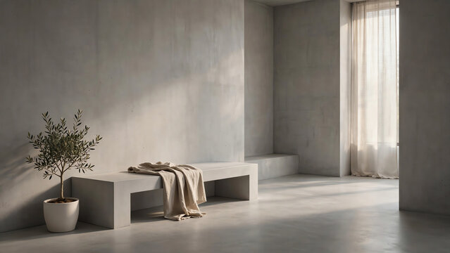 Bare Concrete Indoor Room Showcasing a Minimalist Design with Smooth Surfaces, Subtle Shadows, and Soft Lighting to Create a Calm and Inviting Atmosphere