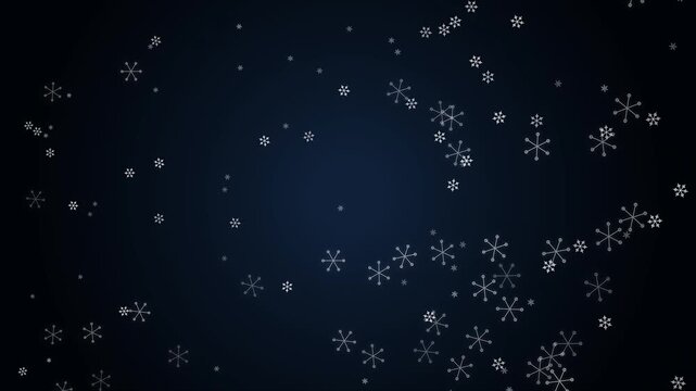 Animated simple thin line white snowflakes falling on a dark blue background