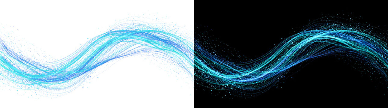 Flowing wave of glowing blue and cyan particle lines with sparkling dots for technology backgrounds in PNG, Transparent and Black Background Versions