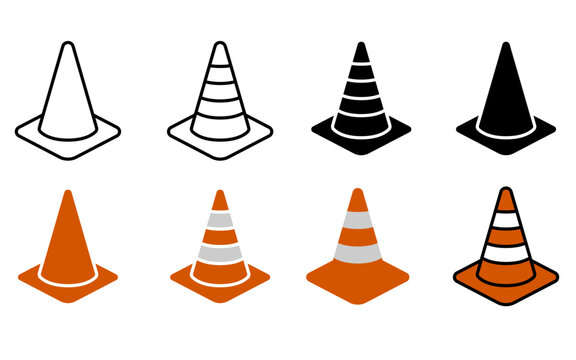 Traffic cones set with orange and black road safety markers in vector style fill and editable stroke