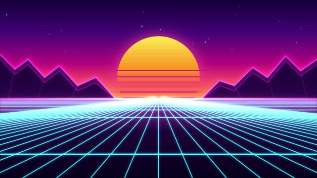 Retro neon synthwave sunset with striped glowing sun, cyan perspective grid floor moving forward, pink neon mountains and twinkling stars, 80s outrun seamless loop animation