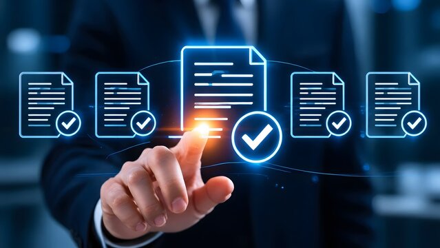 A business executive using a digital holographic interface to manage and approve documents, representing a streamlined workflow and modern corporate efficiency.