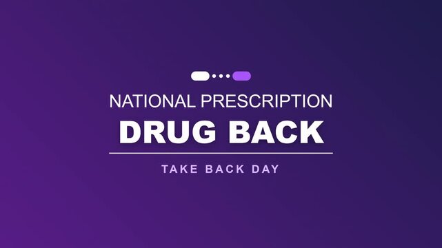 Animated purple prescription drug takeback day sign promotes safe medication disposal, supporting community campaigns, pharmacy outreach, health education, and awareness.