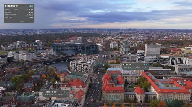 Aerial high angle hover view of Berlin, Germany on an autumn day: river, railway and city blocks with 5G network overlay, cell sites, edge nodes. Concept of low latency, edge computing