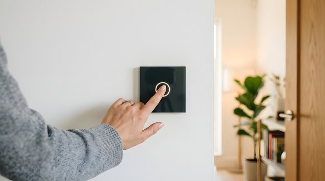 A person s hand interacts with a sleek black touch switch on a white wall  with a softly lit room featuring a wooden door and green plant visible in the background
