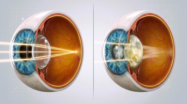 Human eye anatomy and lens light refraction diagram showing vision correction and intraocular implant concept