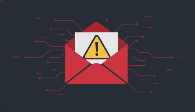 Red cyber security email envelope with warning triangle symbol against dark circuit board background pattern.