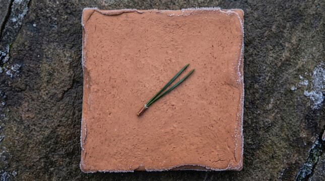 Frosted Pine Needles on Terracotta Clay Tile with Ice Crystals and Copy Space for Winter Nature Presentation Background