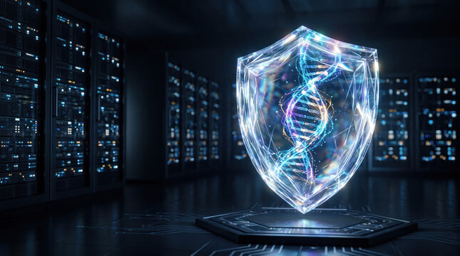 Futuristic medical imaging concept depicts glowing DNA shield in secure data center, symbolizing genetic privacy and digital health technology.