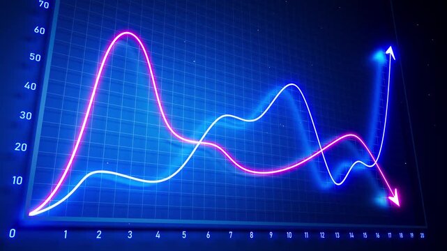 Looped 3D animation of two glowing financial graphs moving in opposite directions on a blue grid, showing market competition, volatility, growth, decline and changing business performance.